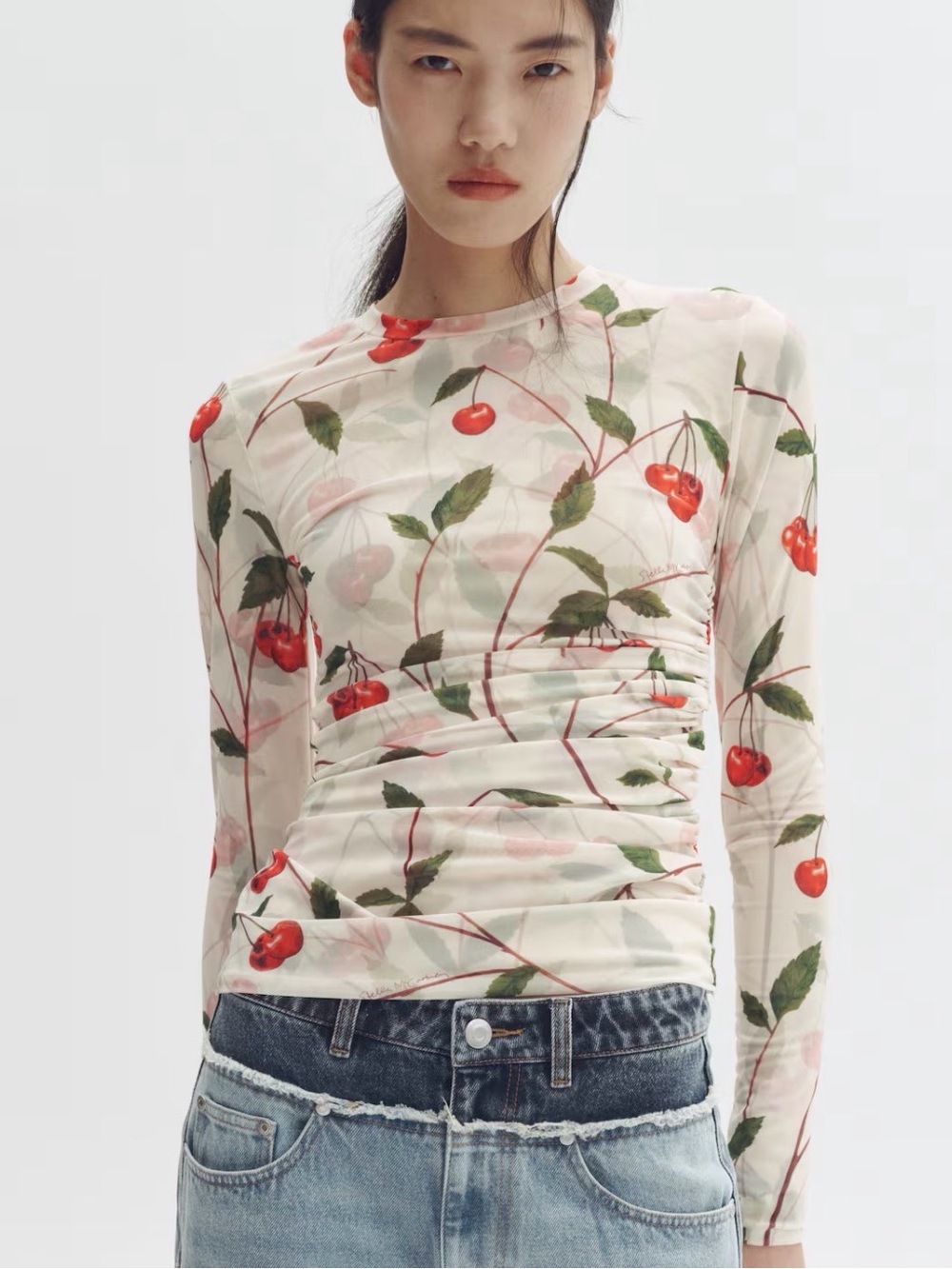 NWT, Stella McCartney H&M Cream Cherry-Print Long Sleeve Mesh Top, Size M